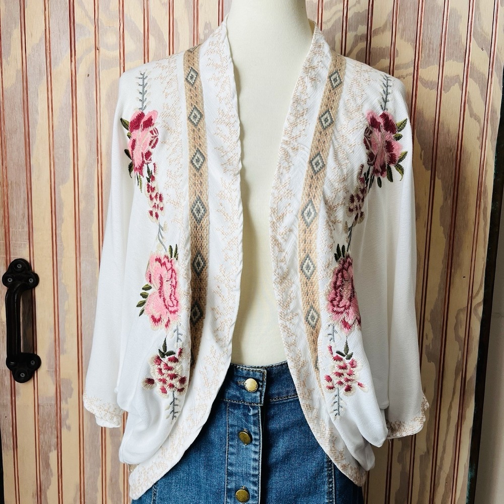 Paparazzi‎ Boho Floral Embroidered Kimono Cardigan Lightweight Duster Size S/M